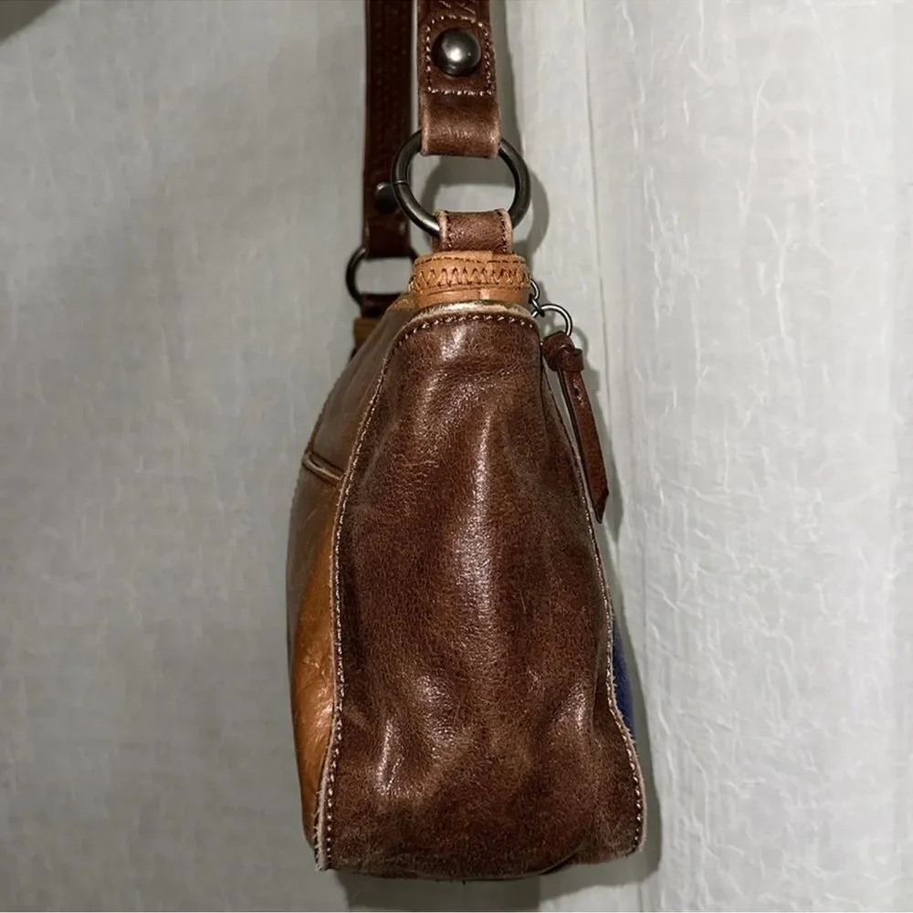 The Sak Blue Brown Gold Trim Genuine Leather Hobo Purse